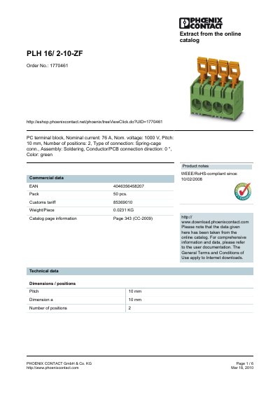 Phoenix Contact PLH 16/2-10-ZF Power Terminal Block Datasheet - cover page