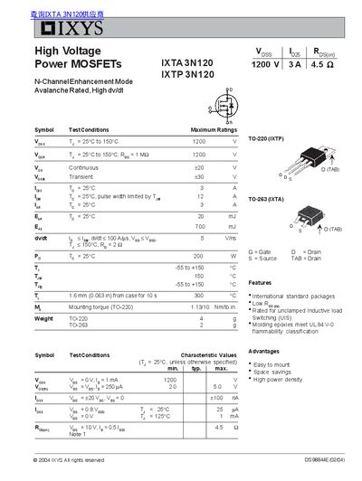 IXYS IXTA 3N120 & IXTP 3N120 High Voltage Power MOSFETs Datasheet - cover page