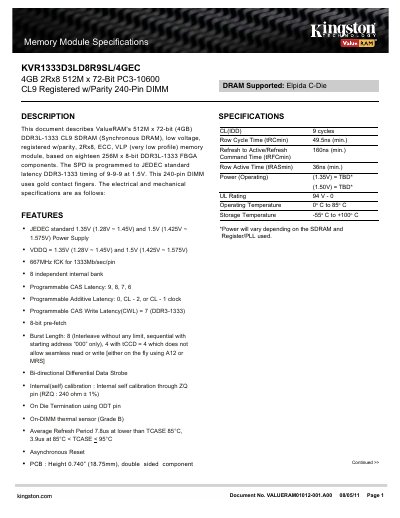 ValueRAM KVR1333D3LD8R9SL/4GEC DDR3L-1333 Registered Memory Module Datasheet