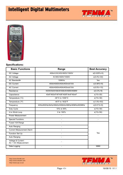 Tenma Intelligent Digital Multimeter Datasheet - cover page