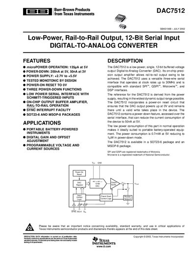 TEXAS INSTRUMENTS - DAC7512 Low-Power Rail-to-Rail Output 12-Bit Serial Input DIGITAL-TO-ANALOG CONVERTER handbook - cover page