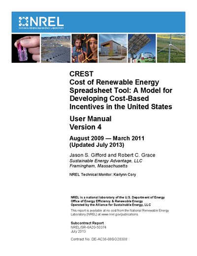 NREL CREST Cost of Renewable Energy Spreadsheet Tool User Manual - cover page