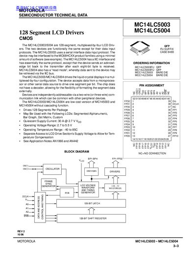 Motorola MC14LC5003/MC14LC5004 128 Segment LCD Drivers Datasheet - cover page