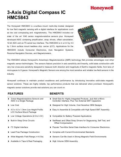 Honeywell HMC5843 3‑Axis Digital Compass IC Datasheet - cover page