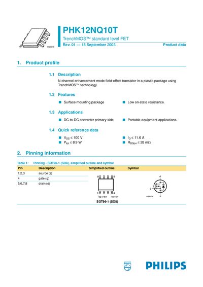 Philips PHK12NQ10T TrenchMOS Standard Level FET Datasheet - cover page