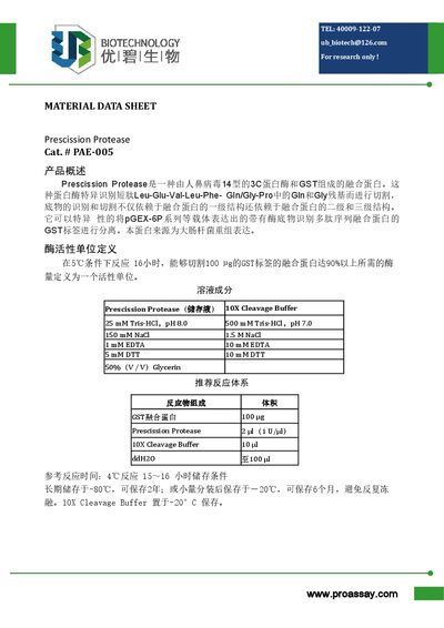 Proassay PAE-005 Prescission Protease Material Data Sheet - cover page