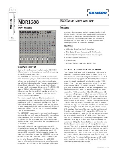 Samson MDR1688 16-Channel Mixer with DSP Product Specification Sheet - cover page
