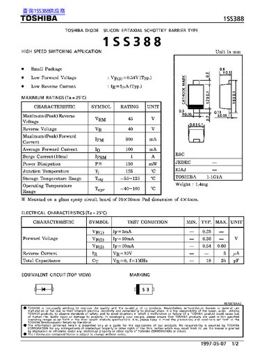 Toshiba 1SS388 Schottky Diode Datasheet - cover page