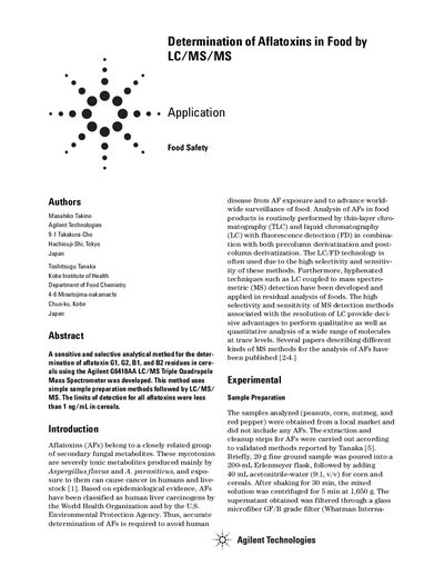 Agilent G6410AA LC/MS/MS Aflatoxin Determination Application Note - cover page