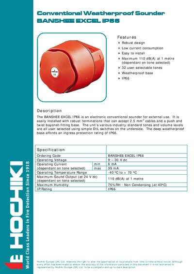 Hochiki BANSHEE EXCEL IP66 Weatherproof Sounder Product Leaflet - cover page
