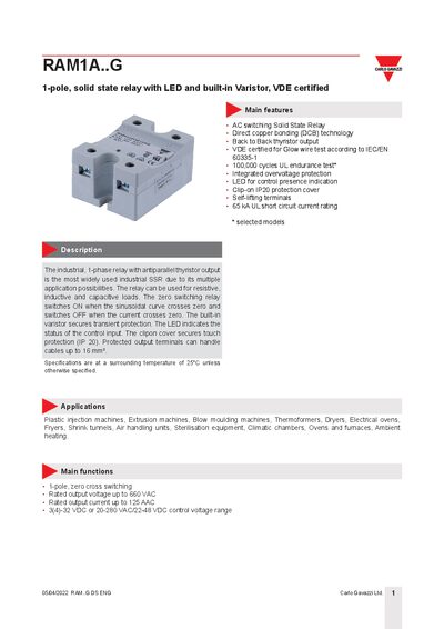 Carlo Gavazzi RAM..G Solid State Relay Datasheet - cover page