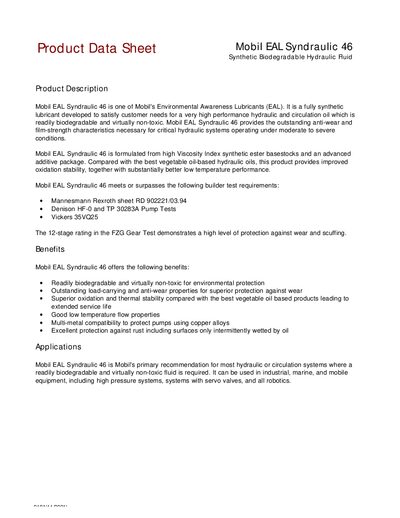 Mobil EAL Syndraulic 46 Synthetic Biodegradable Hydraulic Fluid Product Data Sheet