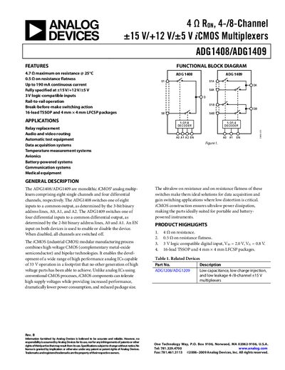ANALOG DEVICES 4 &Omega; RON 4-/8-Channel &plusmn;15 V/+12 V/&plusmn;5 V iCMOS Multiplexers ADG1408/ADG1409 English products handbook Rev B - cover page