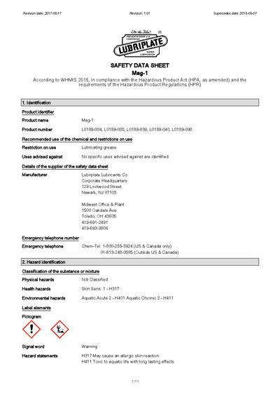 Lubriplate Mag-1 Safety Data Sheet - cover page