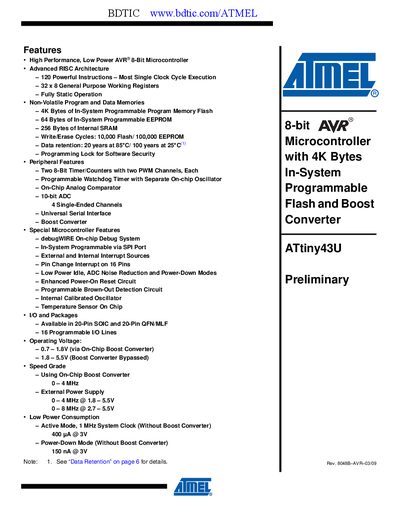 Atmel ATtiny43U Datasheet - cover page
