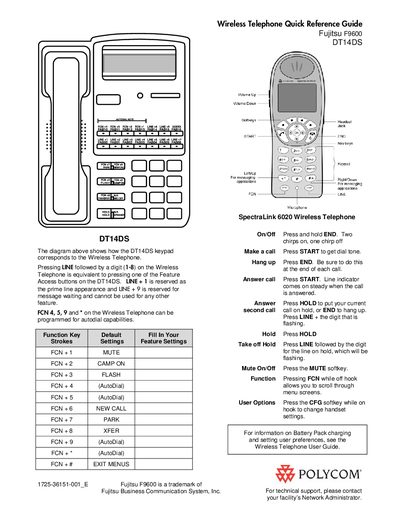 Fujitsu F9600 DT14DS Wireless Telephone Quick Reference Guide