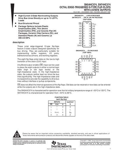 Texas Instruments SN54HC574 / SN74HC574 Datasheet - cover page