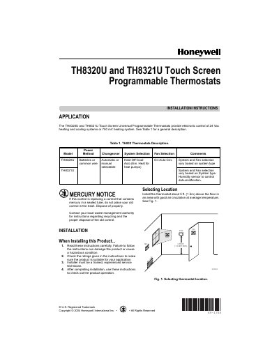 Honeywell TH8320U/TH8321U Touch Screen Programmable Thermostats Installation Guide - cover page