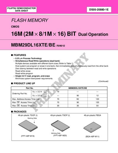 Fujitsu MBM29DL16XTE/BE-70/90/12 Flash Memory Datasheet - cover page