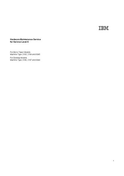 IBM 2193/2194/6345/2196/2197/6344 Hardware Maintenance Service Level A Manual - cover page