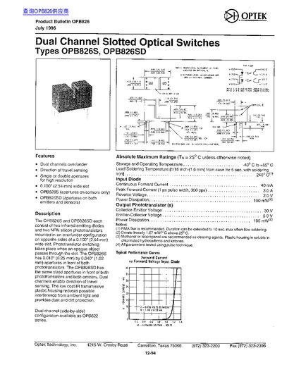 Optek OPB826S / OPB826SD Dual Channel Slotted Optical Switches Product Bulletin - cover page