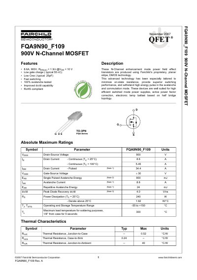 Fairchild Semiconductor FQA9N90_F109 900V N-Channel MOSFET Datasheet - cover page