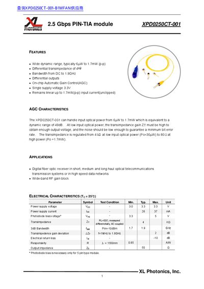 XL Photonics XPD0250CT-001 2.5 Gbps PIN‑TIA Module Datasheet - cover page