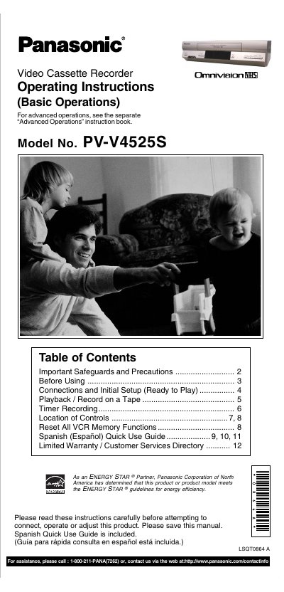 Panasonic PV-V4525S VCR Operating Instructions - cover page