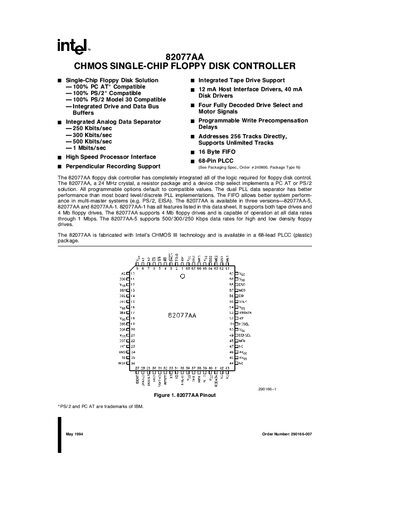 Intel 82077AA Floppy Disk Controller Datasheet - cover page