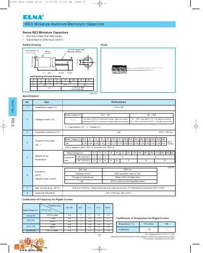 Elna RE3 Miniature Aluminum Electrolytic Capacitors Product Catalog - cover page