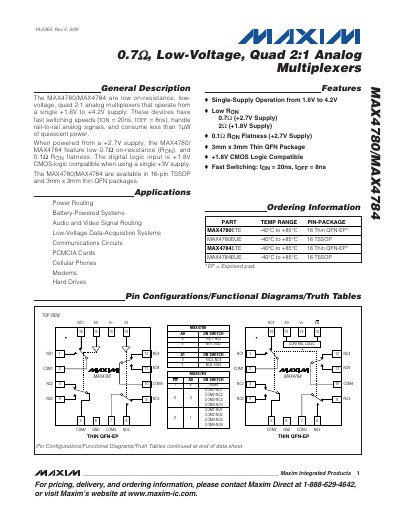 Maxim MAX4780/MAX4784 Quad 2:1 Analog Multiplexer Datasheet - cover page