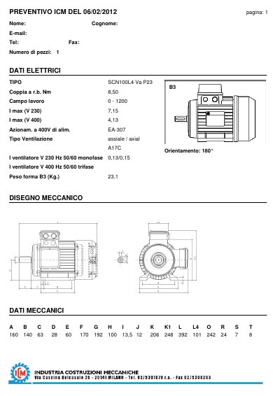 I.C.M. SCN100L4 Va P23 Electric Motor Quotation - cover page