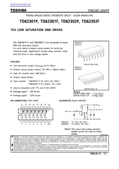 Toshiba TD62301,302P/F 7-Channel Low Saturation Sink Driver Datasheet - cover page
