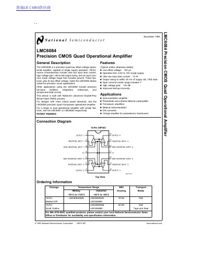 National Semiconductor LMC6084 Precision CMOS Quad Operational Amplifier Datasheet - cover page