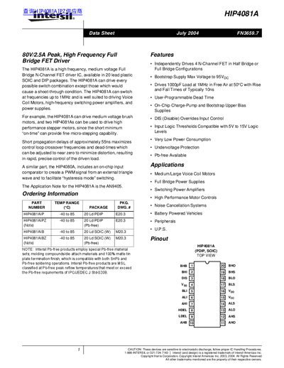 Intersil HIP4081A 80V/2.5A Peak Full Bridge FET Driver Datasheet
