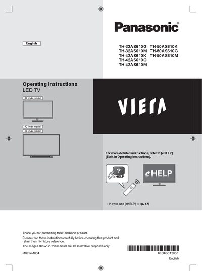 Panasonic TH-32AS610G/TH-42AS610K/TH-50AS610K LED TV Operating Instructions - cover page