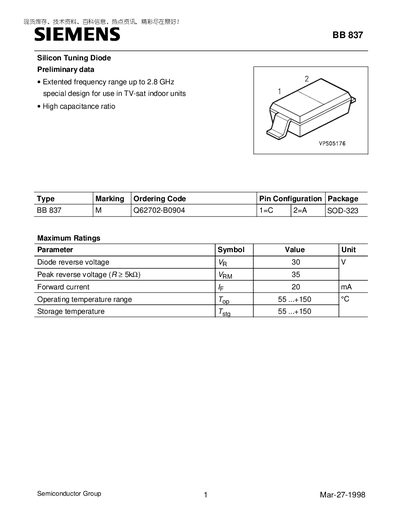 Siemens BB 837 Silicon Tuning Diode Datasheet