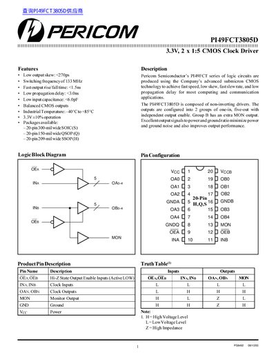 Pericom PI49FCT3805D CMOS Clock Driver Datasheet - cover page