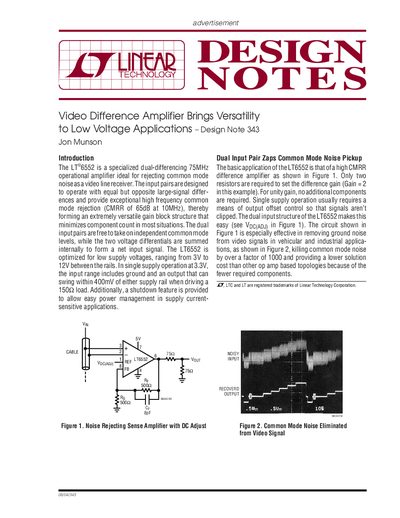Linear Technology LT6552 Video Difference Amplifier Design Note 343 - cover page