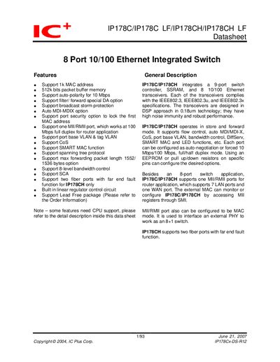 IC+ IP178C/IP178CH 8-Port Ethernet Switch Datasheet - cover page