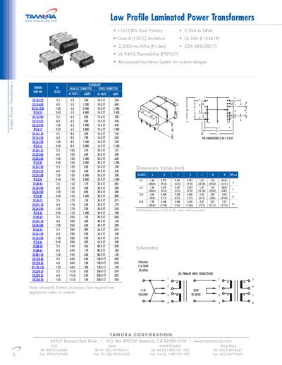 Tamura Low Profile Laminated Power Transformers Datasheet - cover page