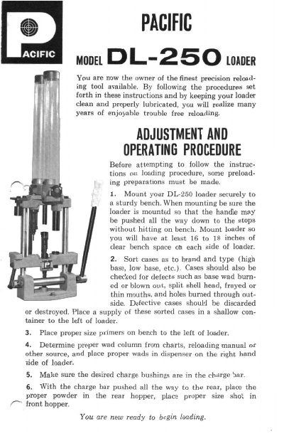 Pacific DL-250 Precision Reloading Tool Operating Instructions - cover page