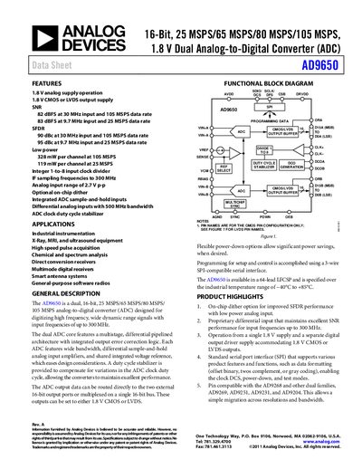 Analog Devices AD9650 16‑Bit Dual ADC Data Sheet - cover page