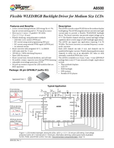 Allegro A8500 Flexible WLED/RGB Backlight Driver Datasheet - cover page