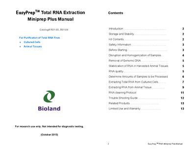 Bioland EasyPrepTM Total RNA Extraction Miniprep Plus Kit Manual