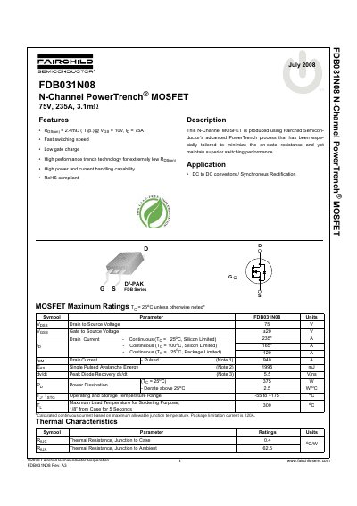 Fairchild FDB031N08 N-Channel MOSFET Datasheet - cover page