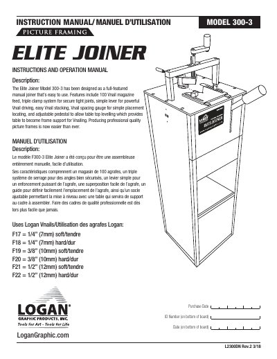 Logan Elite Joiner Model 300-3 Instruction Manual
