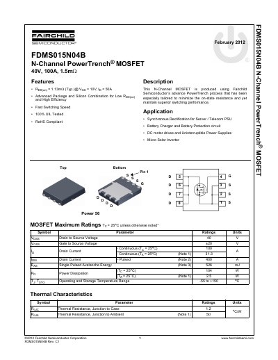 Fairchild FDMS015N04B N-Channel PowerTrench MOSFET Datasheet - cover page