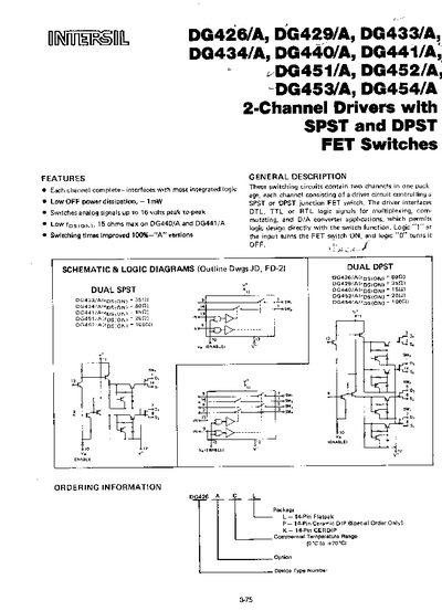 INTERSIL DG426/A DG429/A DG433/A DG434/A DG440/A DG441/A DG451/A DG452/A DG453/A DG454/A 2-Channel Drivers with SPST DPST FET Switches - cover page