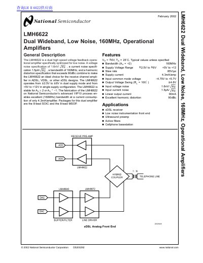 National Semiconductor LMH6622 Dual Wideband Operational Amplifier Datasheet - cover page